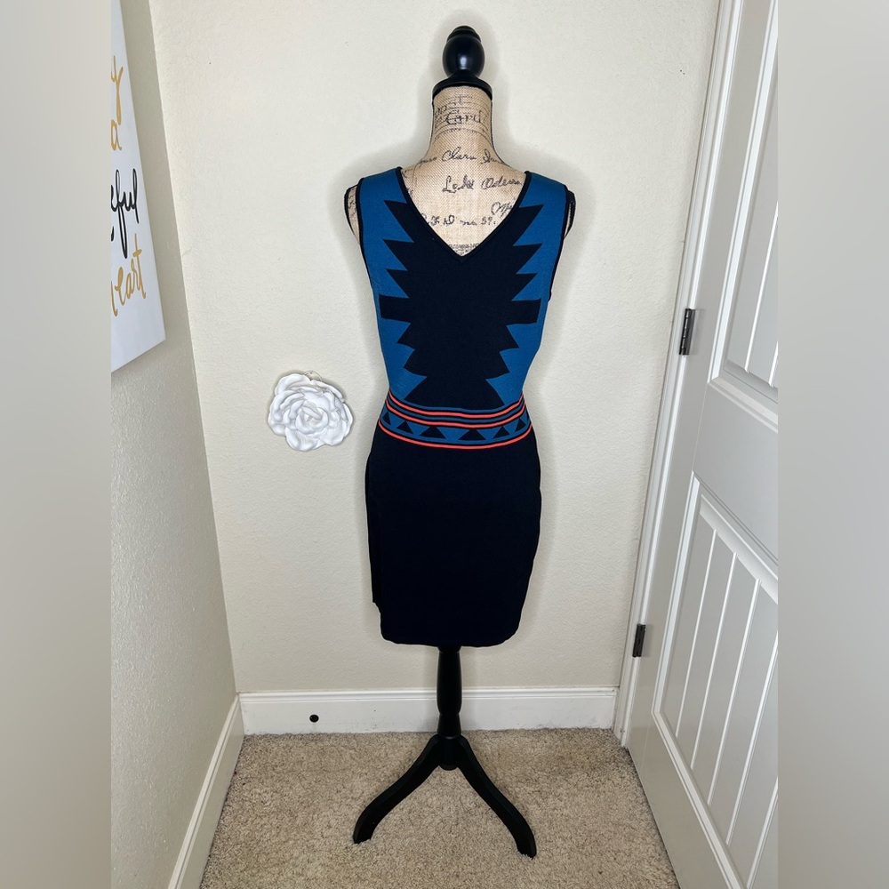 NTM Romeo & Juliet Couture Aztec Bodycon Dress Blue Black Bandage Mini Size L - Picture 12 of 14